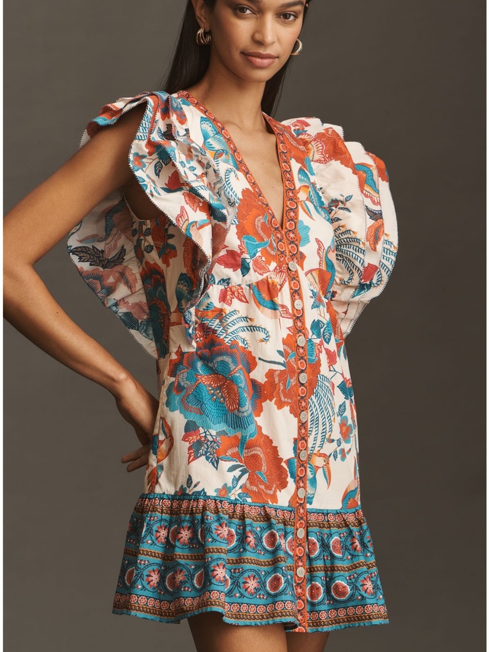 Farm Rio x Anthropologie Ruffle Mini Dress in Teal, Rust & Ivory